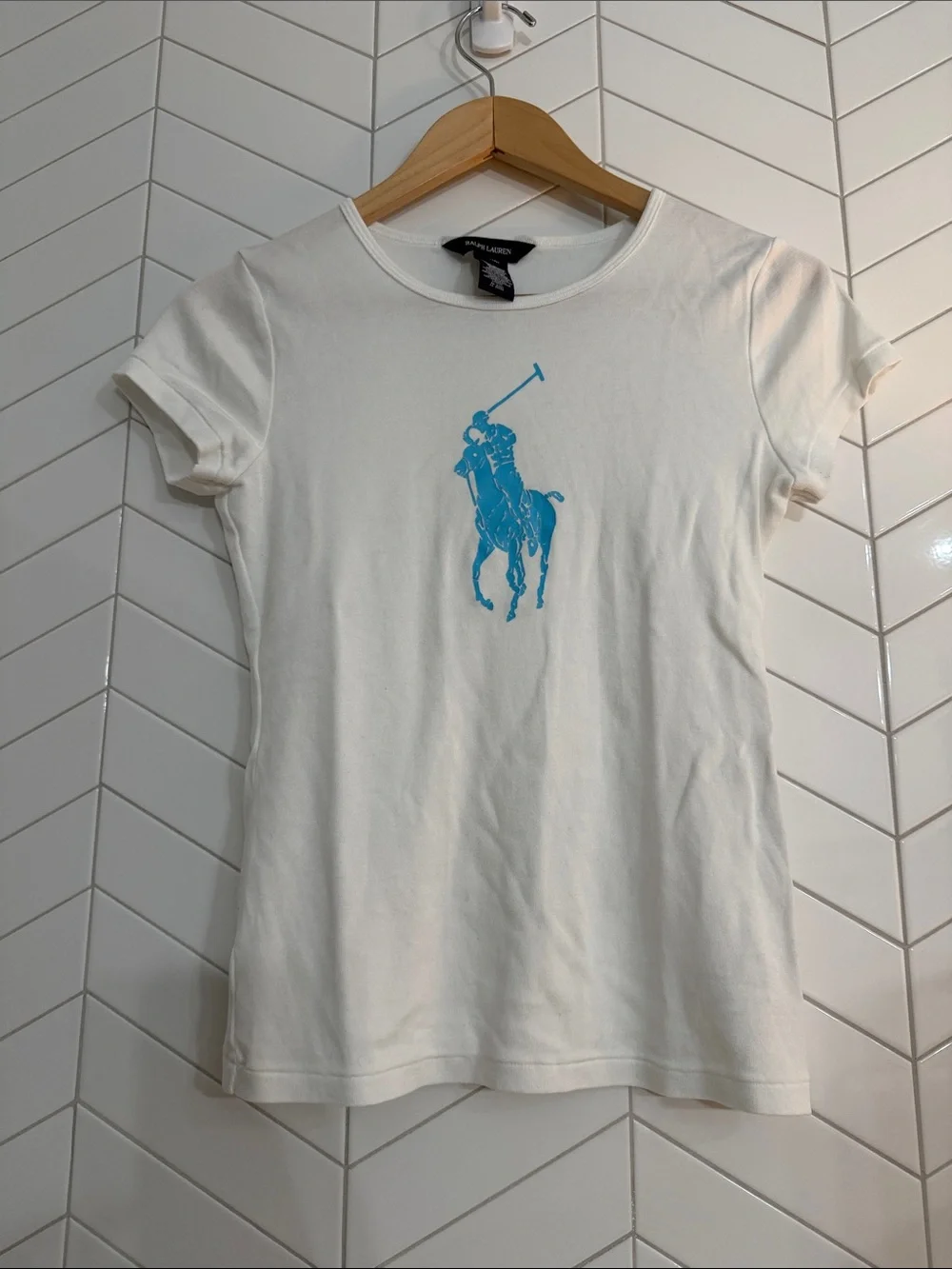 Vintage Ralph Lauren White with Blue Pony Cotton Crewneck Tee| Girls XL